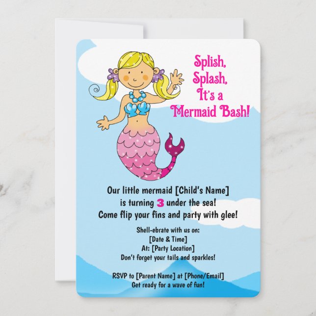 Customisable Mermaid Birthday Design Blonde Hair   Invitation (Front)