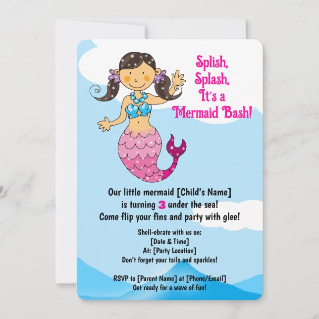 Customisable Mermaid Birthday Design Dark Hair   Invitation (Front)