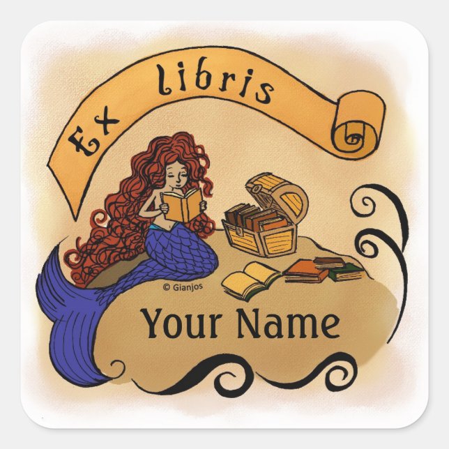 Customisable Mermaid bookplate / ex libris Square Sticker (Front)