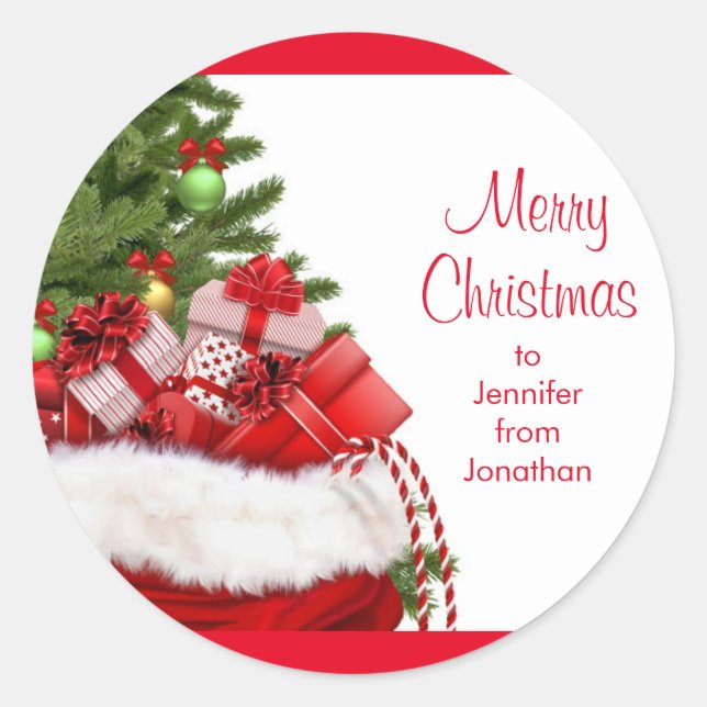 Customisable Merry Christmas Tetxt Tree And Gifts Classic Round Sticker (Front)