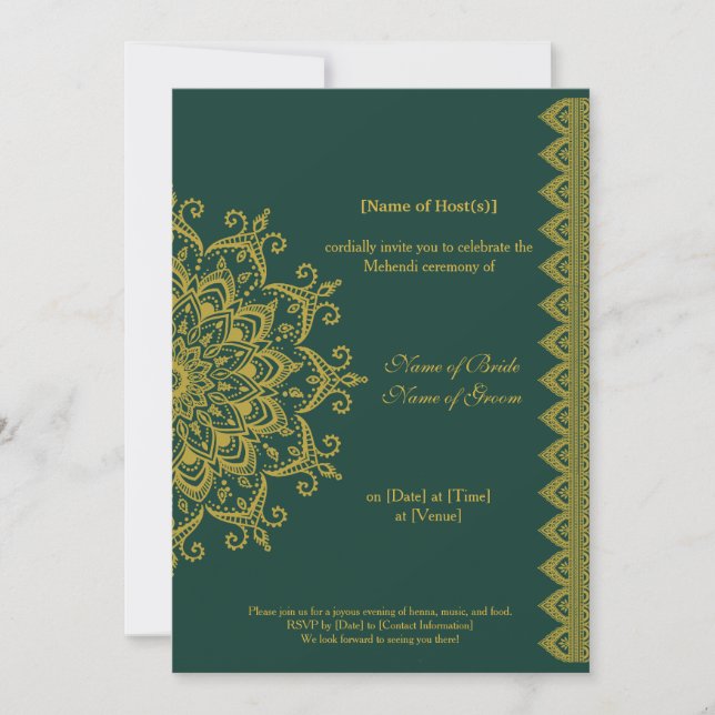 Customisable Metallic Gold Emerald Mehendi Indian Invitation (Front)