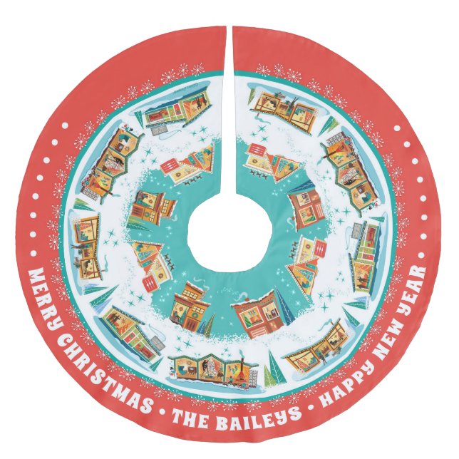 Customisable Mid-Century Modern Houses Brushed Polyester Tree Skirt (Front)