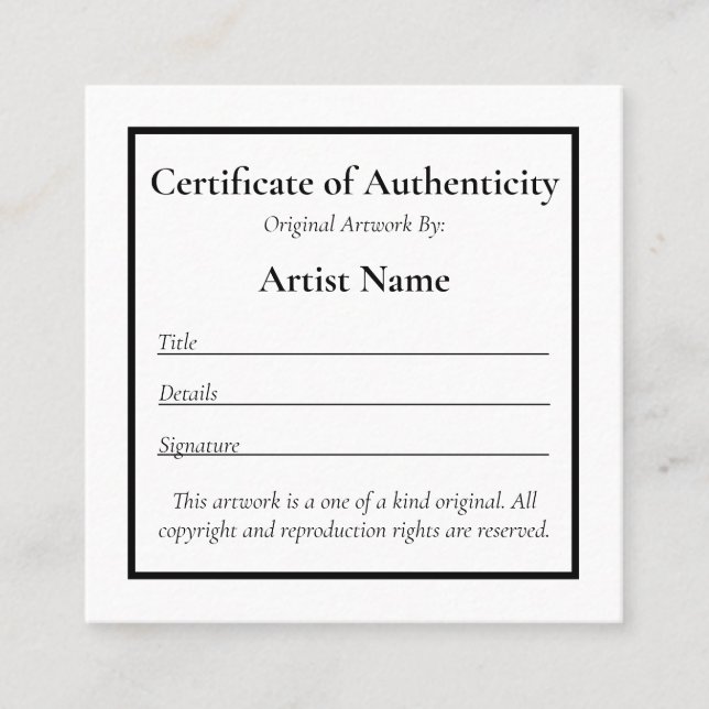 Customisable Mini Certificate of Authenticity Art (Front)
