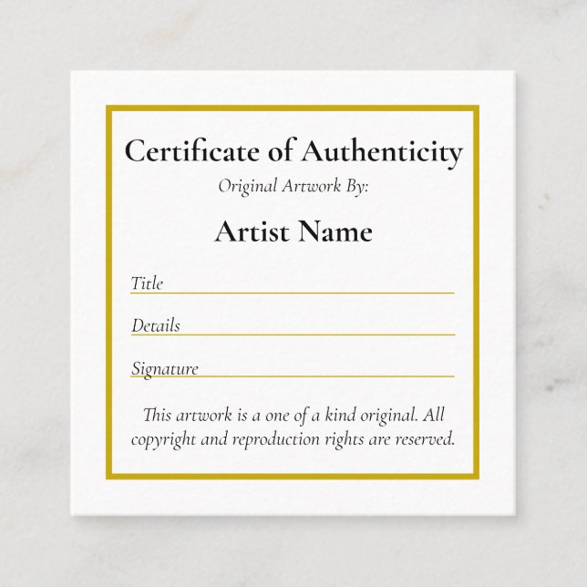 Customisable Mini Certificate of Authenticity Art (Front)