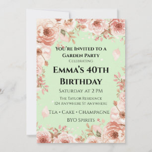 Customisable Mint Green & Pink Floral Garden Party Invitation
