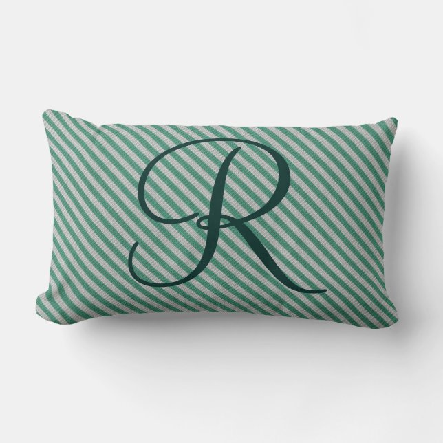 Customisable Mint Green Striped Initial Monogram Lumbar Cushion (Front)