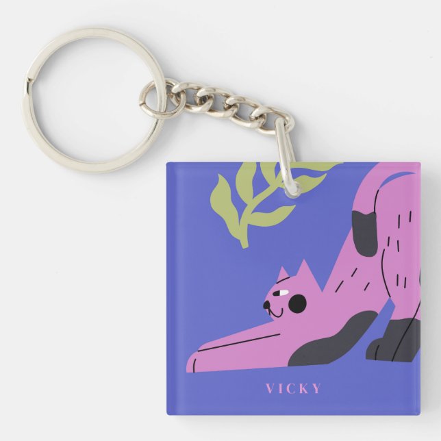 Customisable Modern Pink Kitty Cat Key Ring (Front)