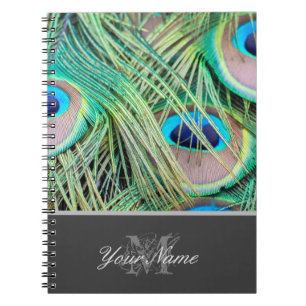 Customisable Monogram colourful peacock feathers! Notebook