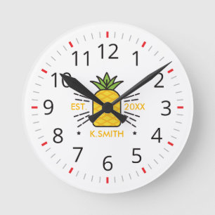 Customisable. Monogram. Cute Fruit. Pineapple. Round Clock