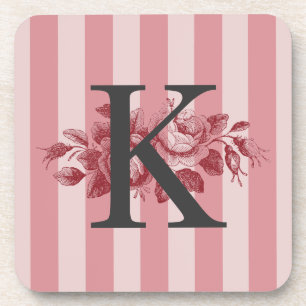 Customisable Monogram Pink Stripes Cabbage Roses Coaster