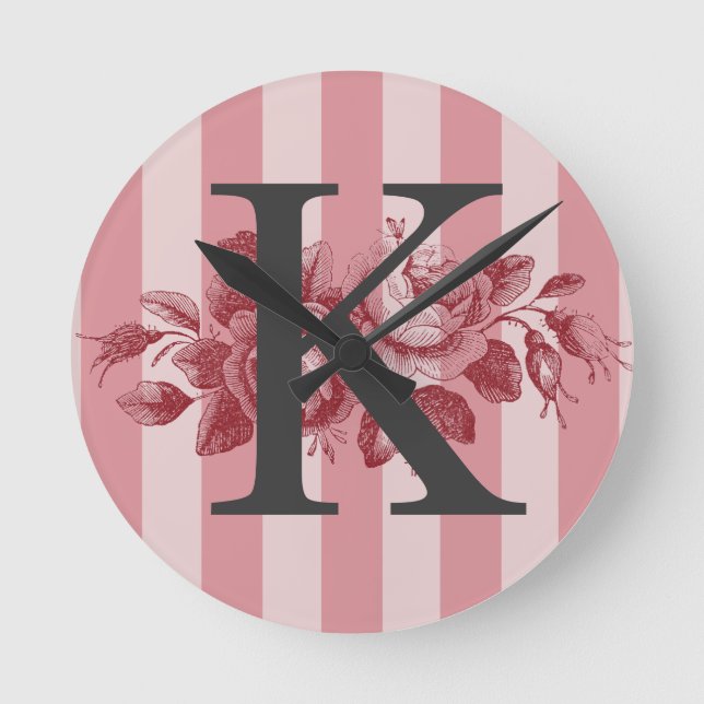 Customisable Monogram Pink Stripes Cabbage Roses Round Clock (Front)
