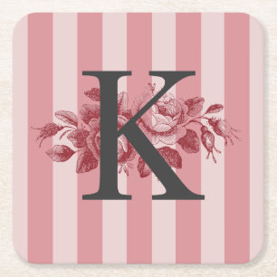 Customisable Monogram Pink Stripes Cabbage Roses Square Paper Coaster