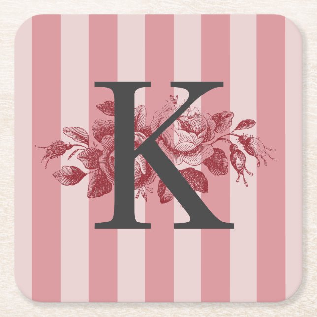 Customisable Monogram Pink Stripes Cabbage Roses Square Paper Coaster (Front)