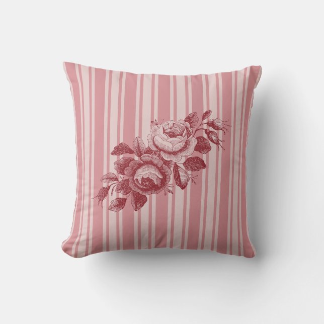 Customisable Monogram w/Pink Stripes Cabbage Roses Cushion (Front)