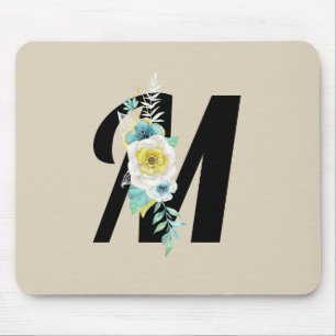 Customisable Monogram w/White & Aqua Floral on Tan Mouse Pad
