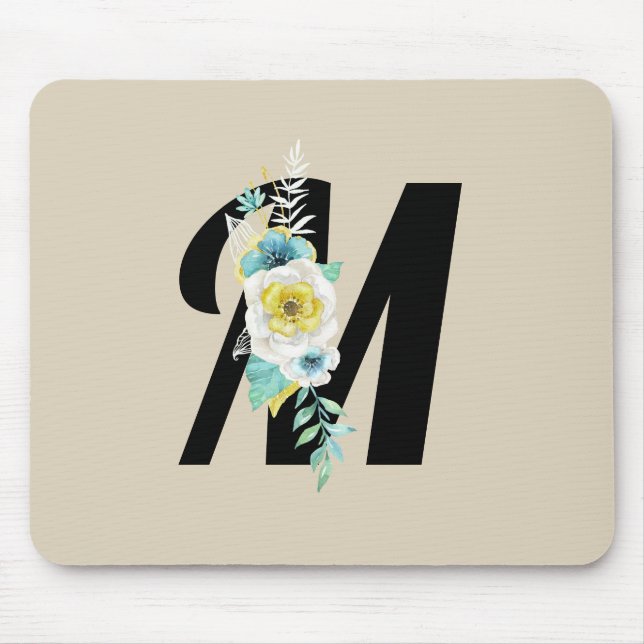 Customisable Monogram w/White & Aqua Floral on Tan Mouse Pad (Front)