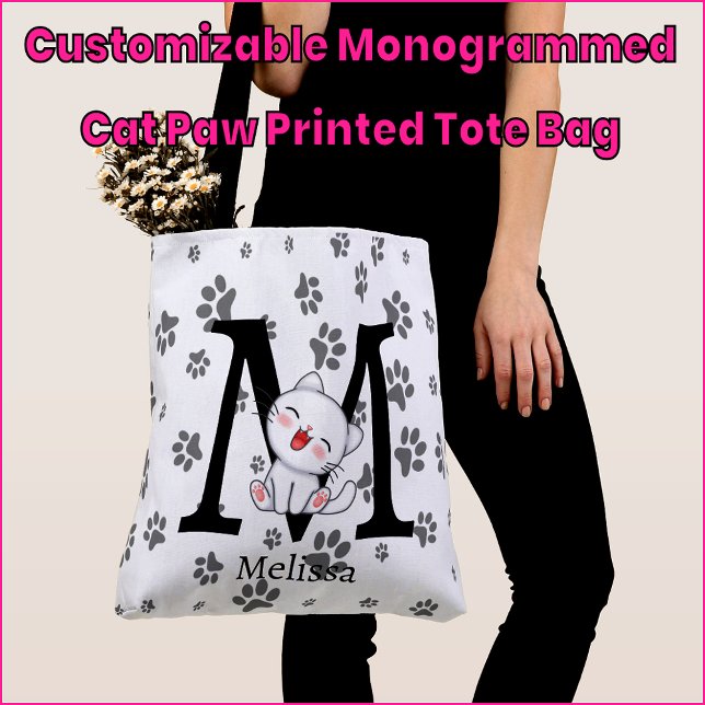 Customisable Monogrammed Cat Paw Printed Tote Bag (Creator Uploaded)
