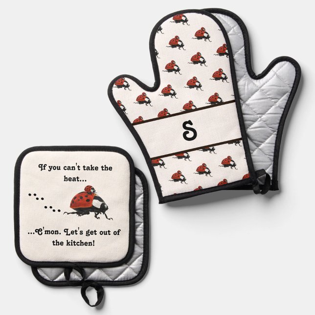 Customisable Monogrammed Ladybug  Oven Mitt & Pot Holder Set (Creator Uploaded)