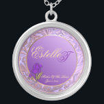 Customisable Mother Of The Bride Purple Keepsake Silver Plated Necklace<br><div class="desc">Customisable Mother Of The Bride Shades Of Lavender Keepsake Necklace. Replace Mother Of The Brides first name and last name initial with correct information, and the date of your marriage, on this elegant keepsake necklace, in the "Personalise It" box on the right of this product page. You may choose to...</div>
