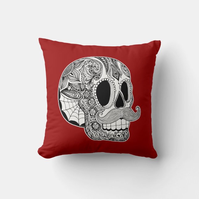 Customisable Moustache Sugar Skull Throw Pillow (Front)