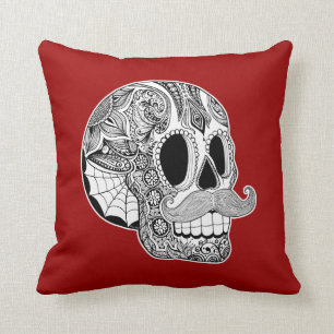 Customisable Moustache Sugar Skull Throw Pillow