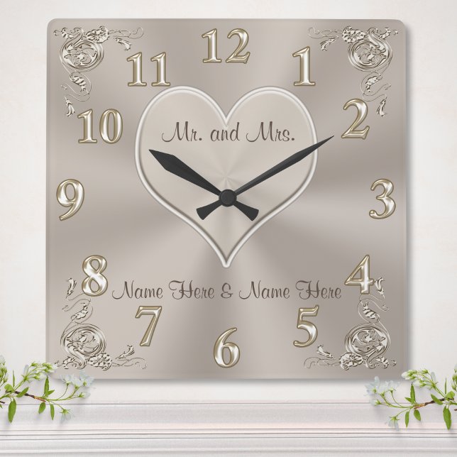 Customisable Mr. and Mrs. Gifts Champagne Clock (Personalized Bridal shower gifts. Heart gift, Taupe Wall Clock. Personalized wall clock wedding gift)