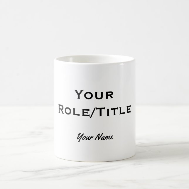 "Customisable mug with your role/title & name" (Center)