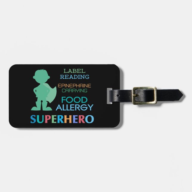 Customisable Multiple Food Allergy Superhero Alert Luggage Tag (Front Horizontal)