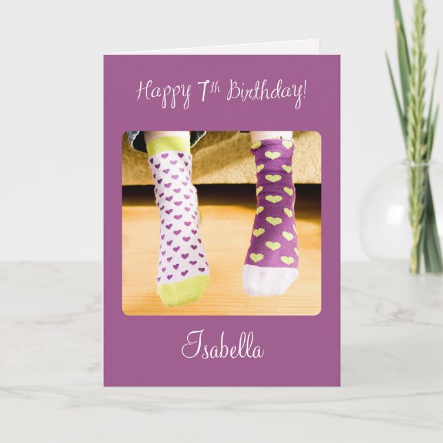 Customisable Name 7th Birthday Crazy Socks Card (Front)