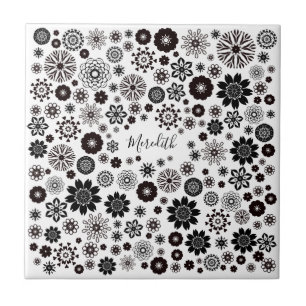 Customisable Name Black and White Floral Pattern Ceramic Tile