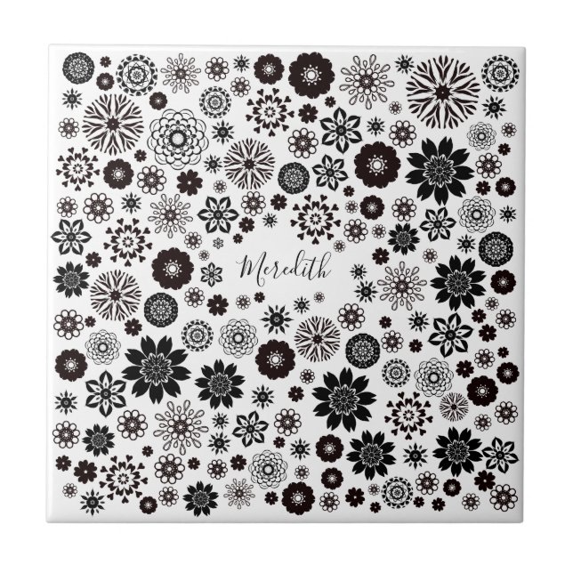 Customisable Name Black and White Floral Pattern Ceramic Tile (Front)