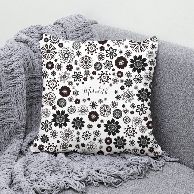 Customisable Name Black and White Floral Pattern Cushion (Creator Uploaded)