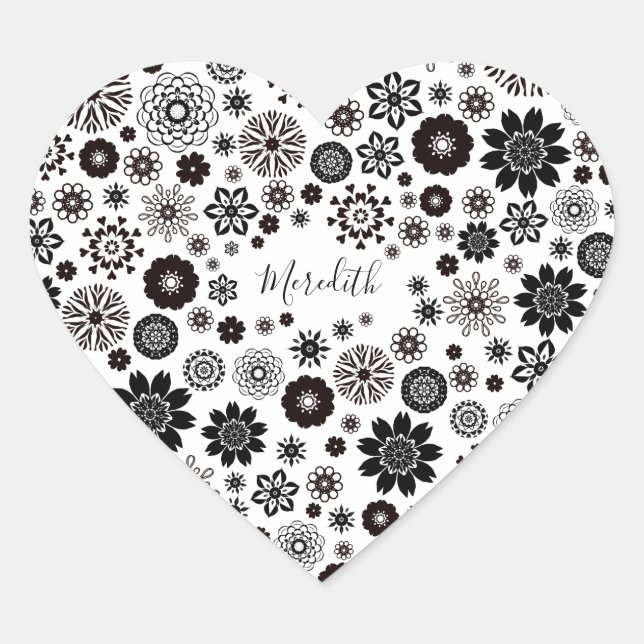 Customisable Name Black and White Floral Pattern Heart Sticker (Front)