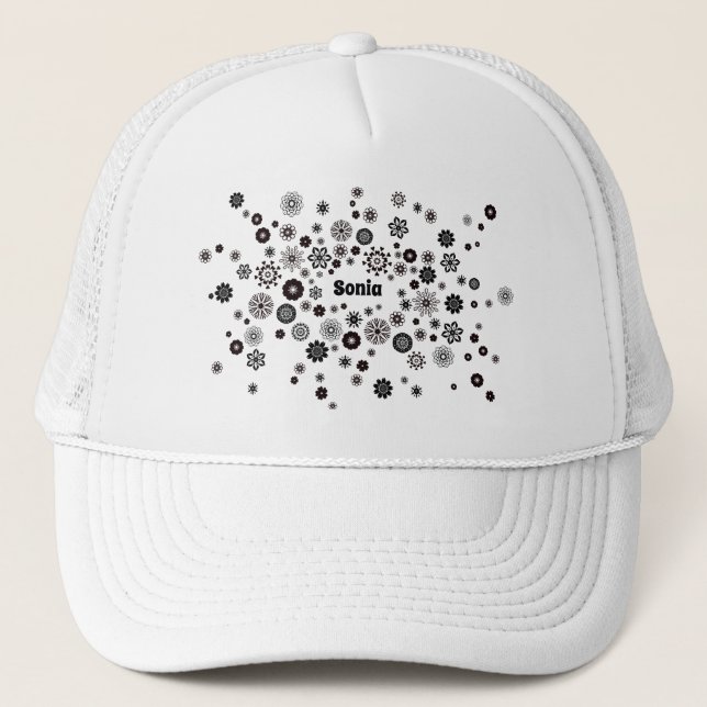 Customisable Name Black and White Floral Pattern Trucker Hat (Front)