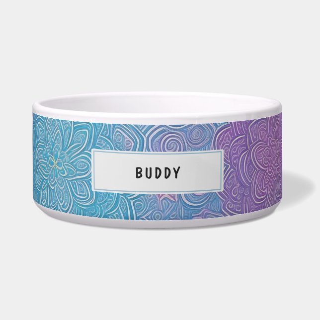 Customisable Name Blue Purple Floral Pet Feeding (Front)
