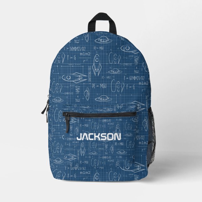 Customisable Name Blueprint rocket Space travel Printed Backpack (Front)