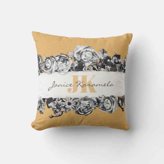 Customisable Name Gold Roses Chic Monogram Luxury Cushion (Front)