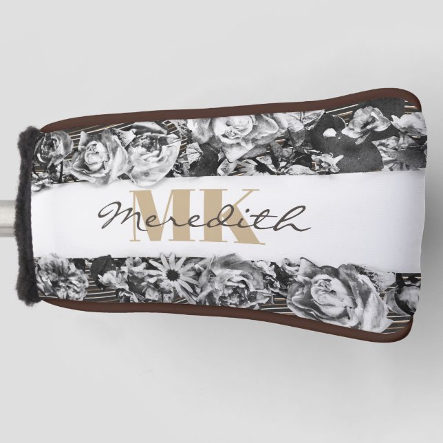 Customisable Name Gold Roses Chic Monogram Luxury Golf Head Cover (Front)