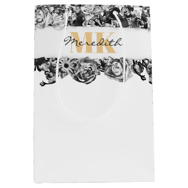 Customisable Name Gold Roses Chic Monogram Luxury Medium Gift Bag (Front)
