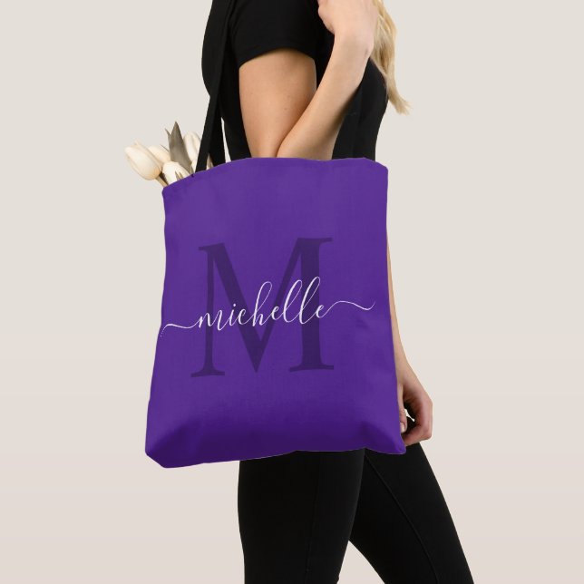 Customisable Name & Initial Royal Purple Colour Tote Bag (Close Up)