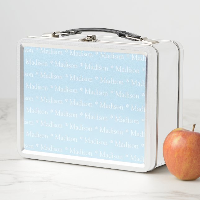 Customisable name light blue white double sided metal lunch box (In Situ)
