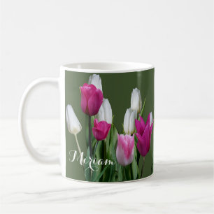 Customisable name Miriam white pink tulip flowers Coffee Mug