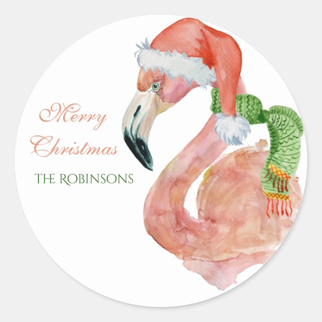 Customisable Name Pink Christmas Santa Flamingo  Classic Round Sticker (Front)