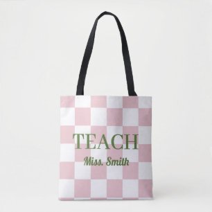 Customisable Name Teach Tote Cute Pink Chequered Bag