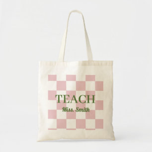 Customisable Name Teach Tote Cute Pink Chequered Bag