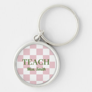 Customisable Name Teach Tote Cute Pink Chequered Key Ring
