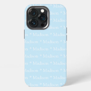 Customisable name, text, light blue white iPhone 13 pro case