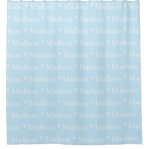 Customisable name, text, light blue white shower curtain