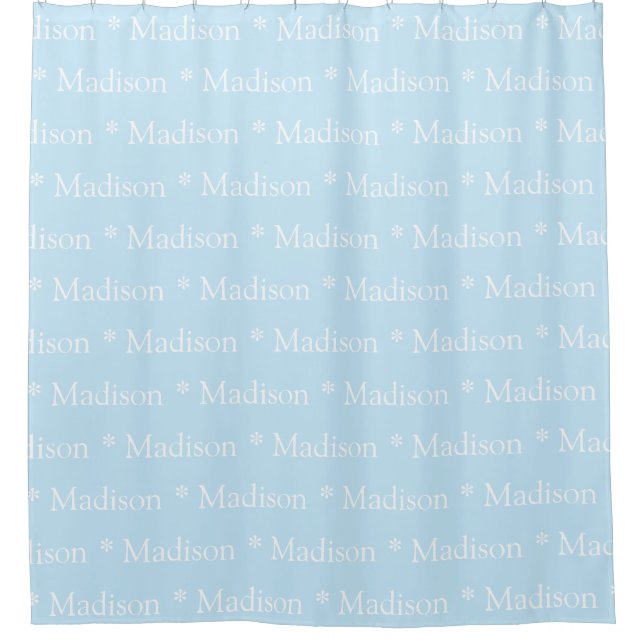 Customisable name, text, light blue white shower curtain (Front)