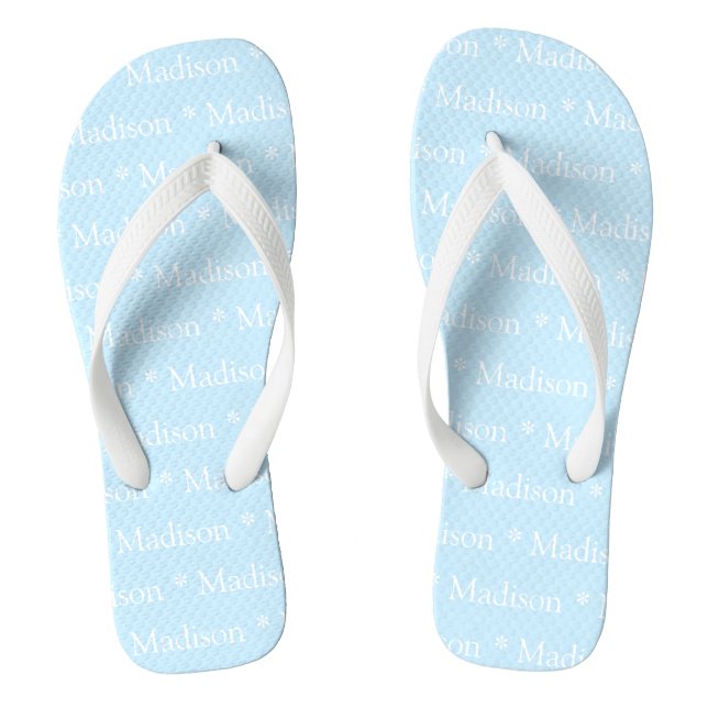 Customisable name, text, light blue white thongs (Footbed)
